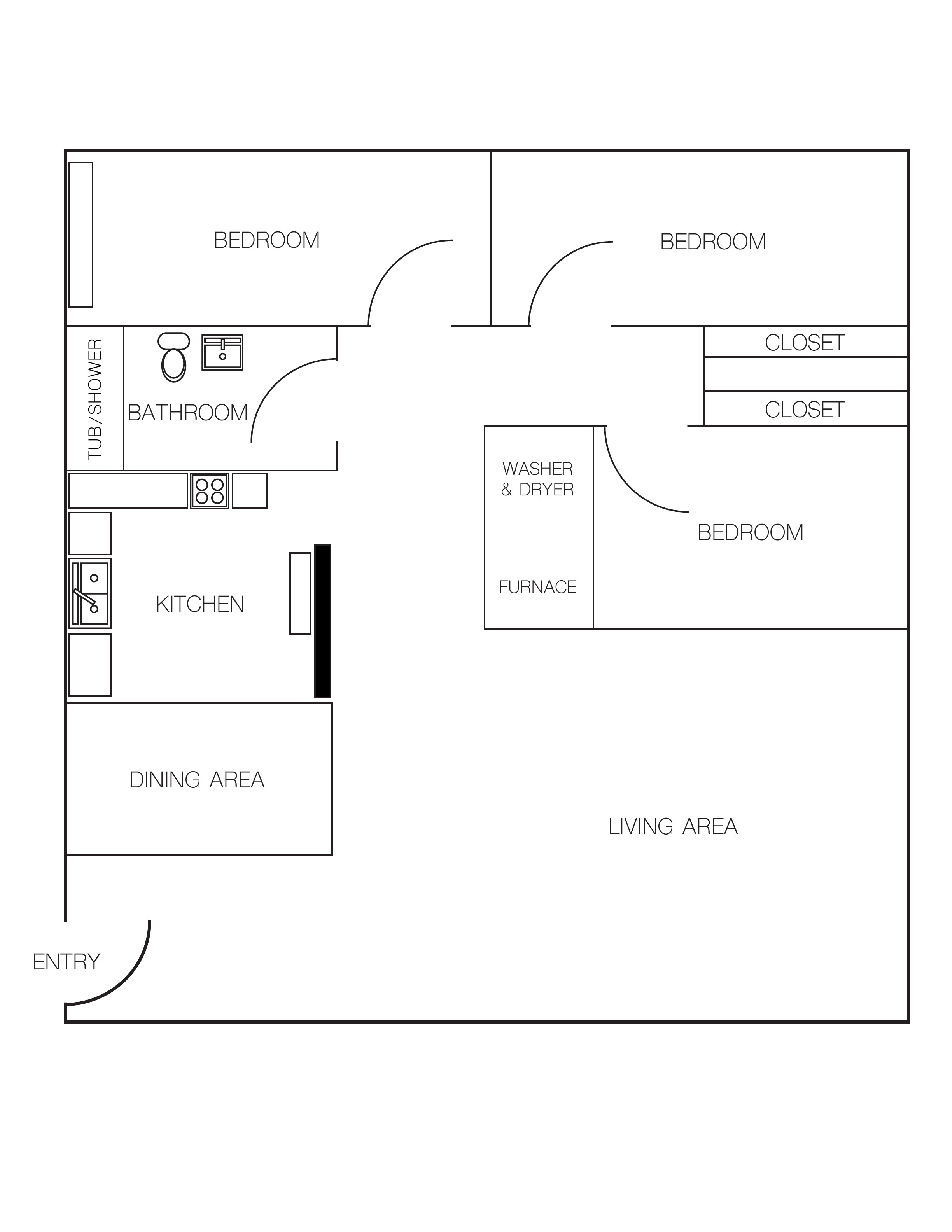 Floor plan for 3 beds, 2 baths, 960 sqft